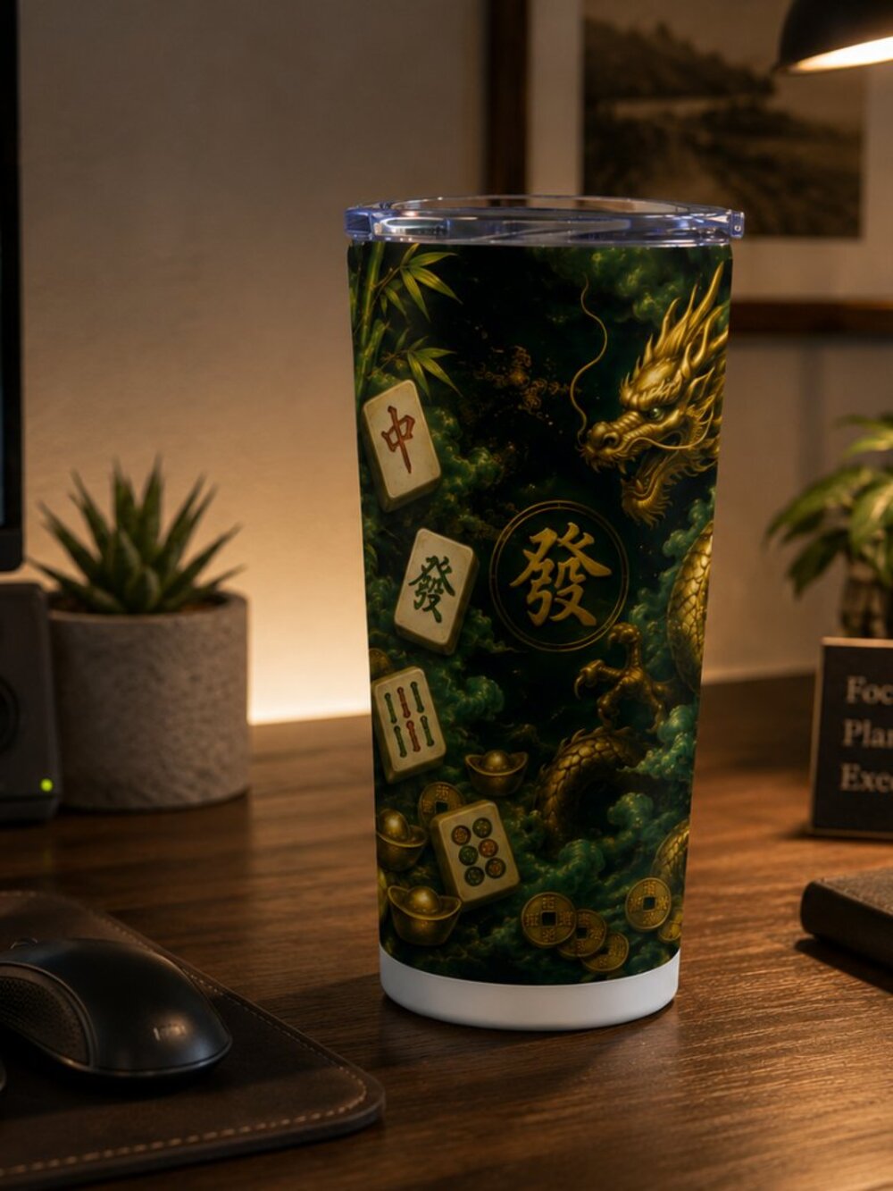 Gold Dragon Mahjong Tumbler 20oz | Mahjong Gift for Her | Jade Green Chinese - Picture 4 of 9